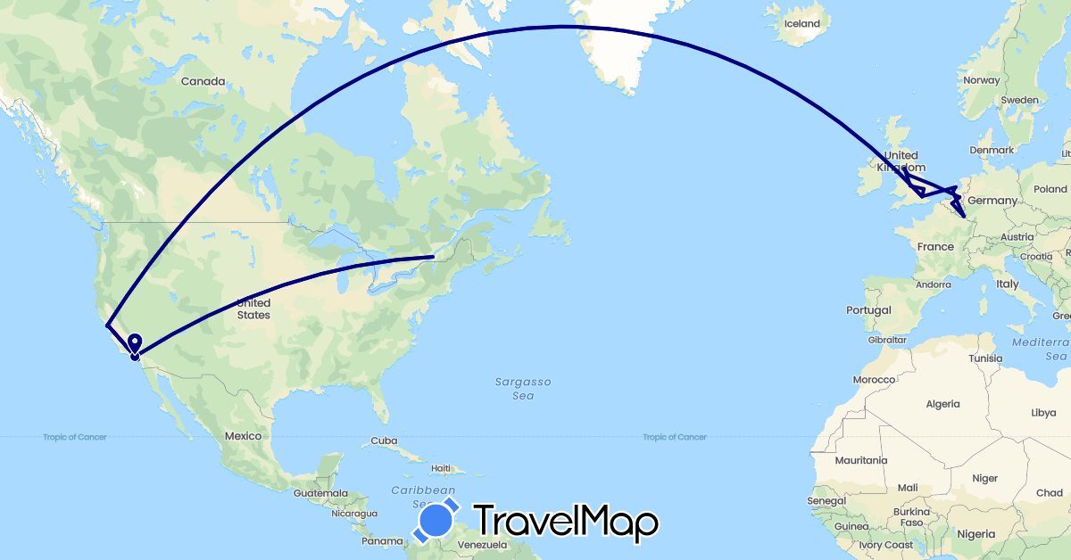 TravelMap itinerary: driving in Belgium, Canada, United Kingdom, Luxembourg, Netherlands, United States (Europe, North America)